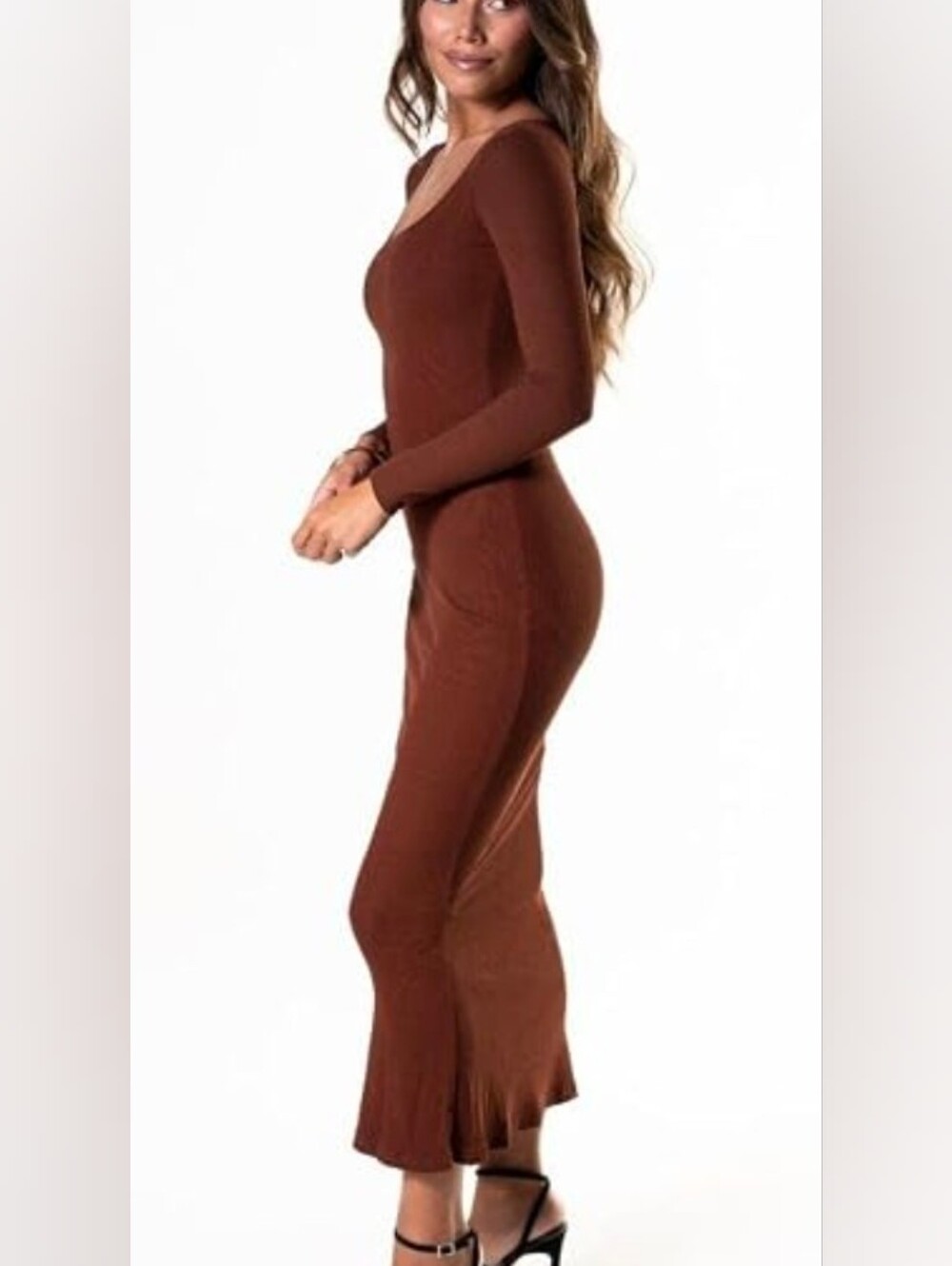 Women's Brown Scoop Neck Midi Dress with Long Sleeves (Built In Shapewear)